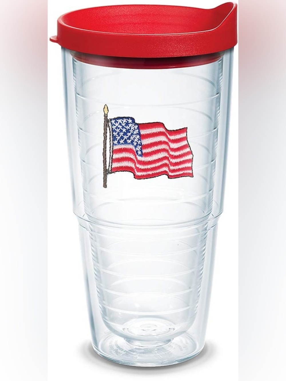 tervis Clear Tumbler with Red Lid and American Flag Patch